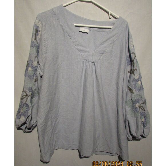 J.JILL BLOUSE TOP COTTON EMBROIDED FLOWERS SIZE M BLUE PIN STRIPS LONG SLEEVES - Picture 2 of 9
